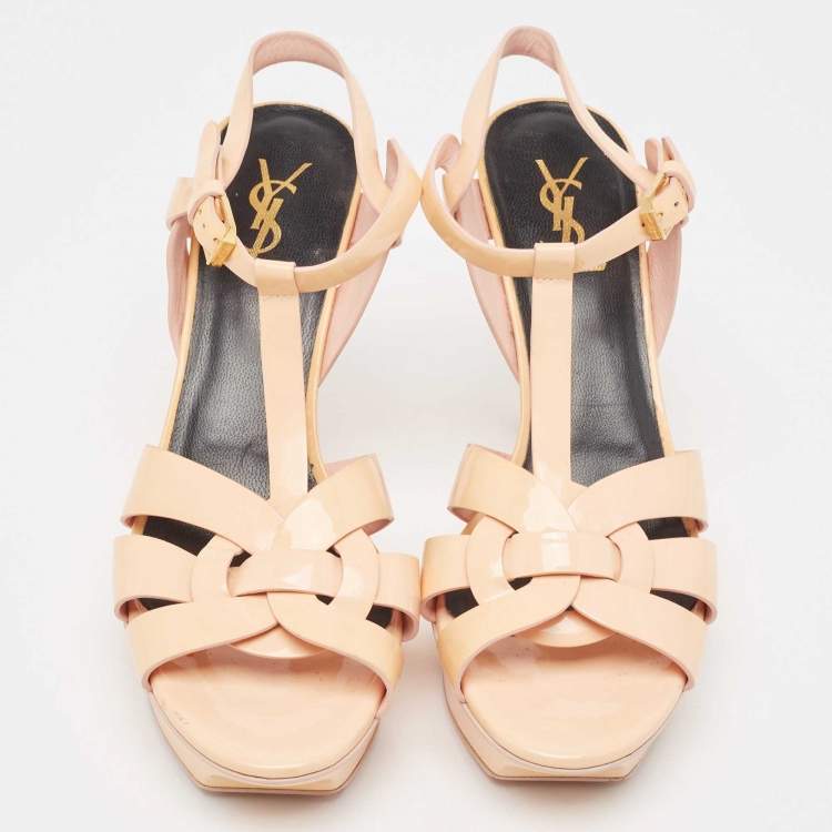 Pre Owned Saint Laurent Peach Pink Patent Leather Tribute Sandals Size 40