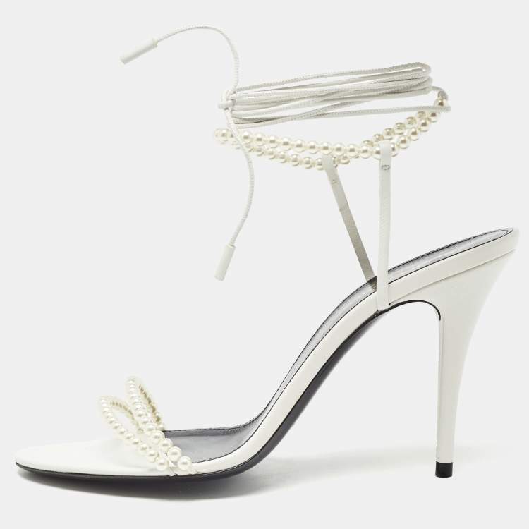Pre Owned Saint Laurent White Leather Pearls Embellished Ankle Wrap Sandals Size 37.5
