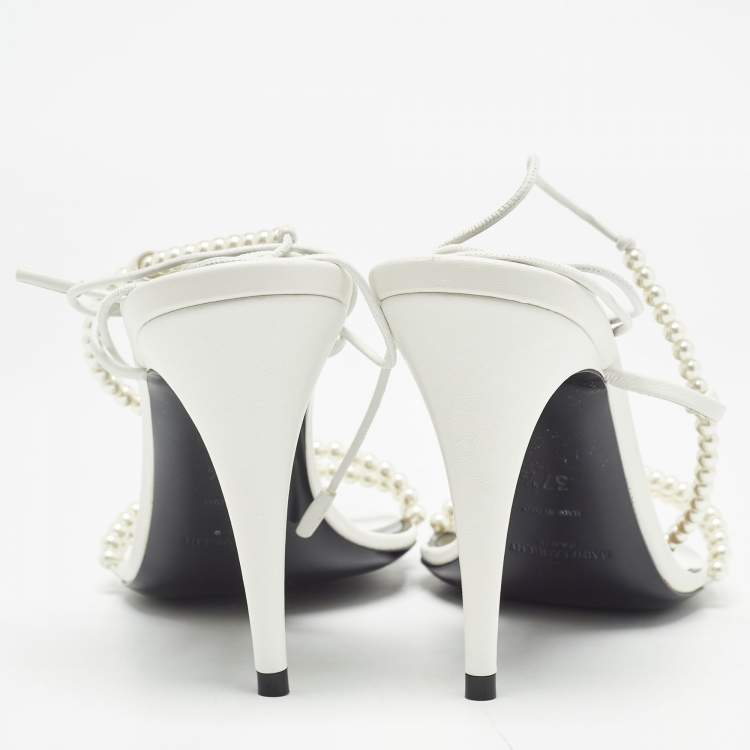 Pre Owned Saint Laurent White Leather Pearls Embellished Ankle Wrap Sandals Size 37.5