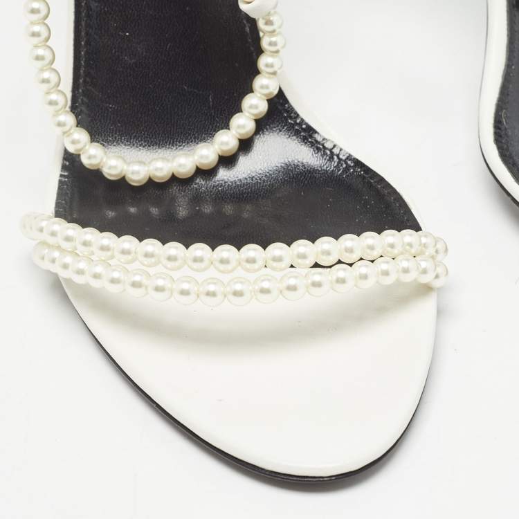 Pre Owned Saint Laurent White Leather Pearls Embellished Ankle Wrap Sandals Size 37.5