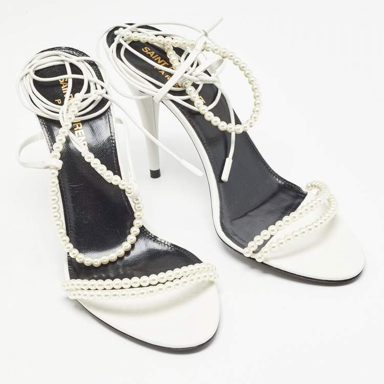 Pre Owned Saint Laurent White Leather Pearls Embellished Ankle Wrap Sandals Size 37.5