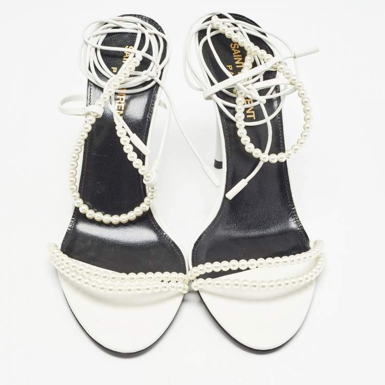 Pre Owned Saint Laurent White Leather Pearls Embellished Ankle Wrap Sandals Size 37.5