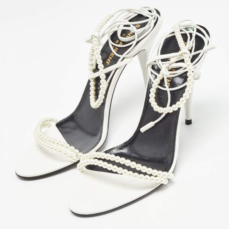 Pre Owned Saint Laurent White Leather Pearls Embellished Ankle Wrap Sandals Size 37.5