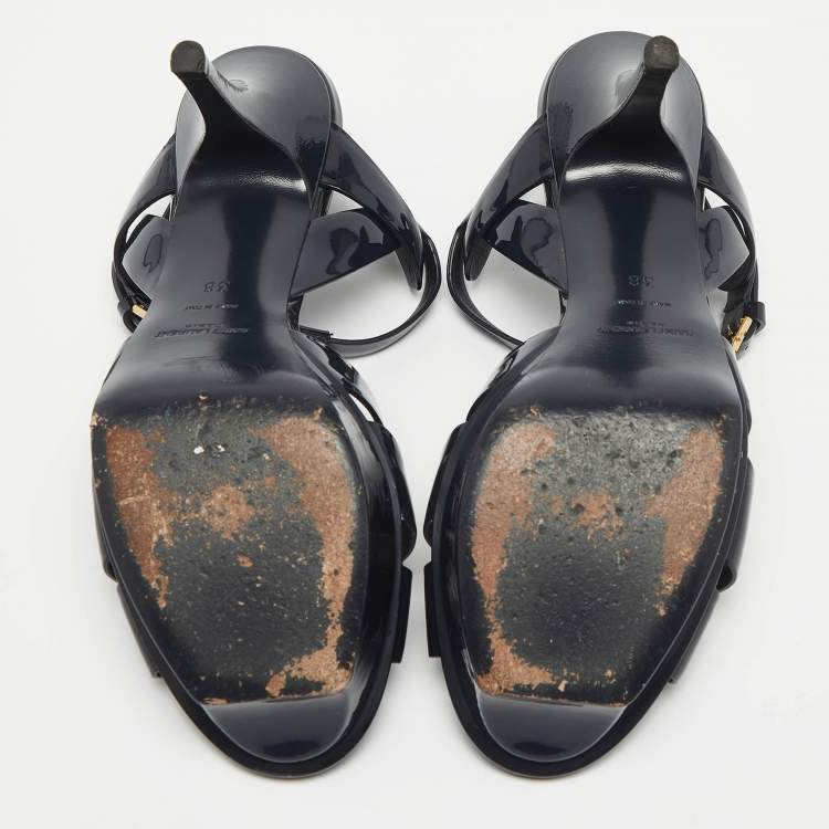 Pre Owned Saint Laurent Navy Blue Patent Leather Tribute Sandals Size 38