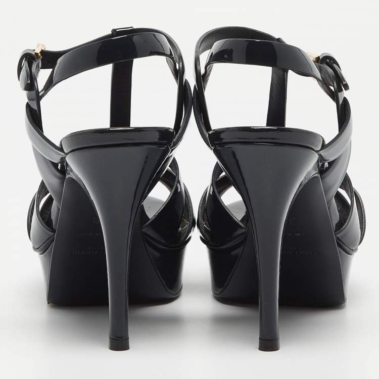 Pre Owned Saint Laurent Navy Blue Patent Leather Tribute Sandals Size 38