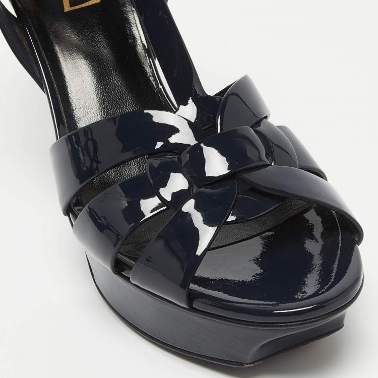 Pre Owned Saint Laurent Navy Blue Patent Leather Tribute Sandals Size 38