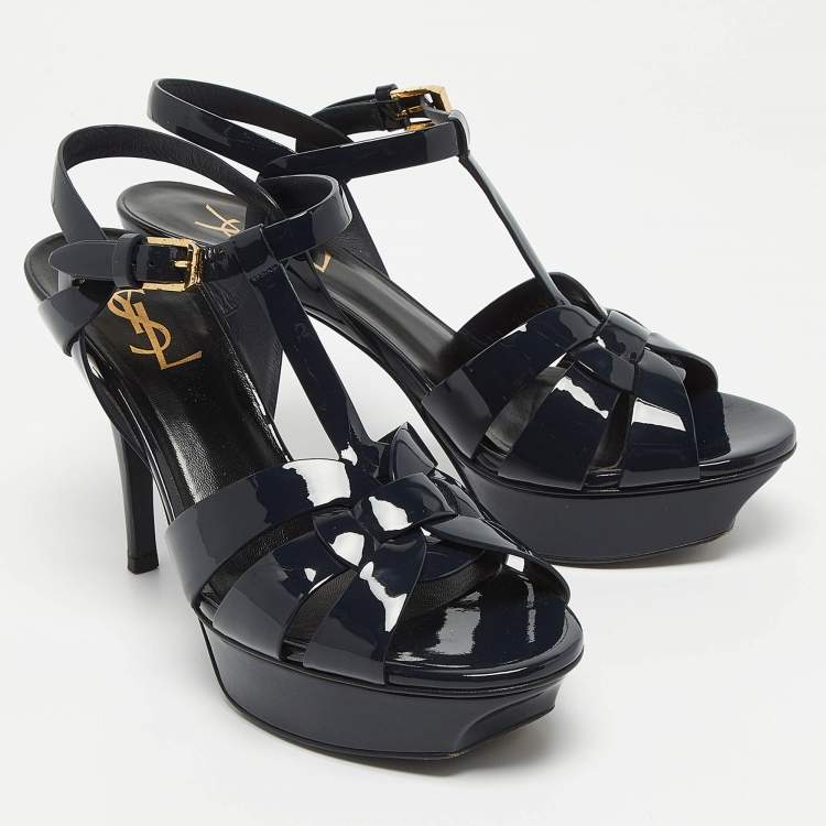 Pre Owned Saint Laurent Navy Blue Patent Leather Tribute Sandals Size 38