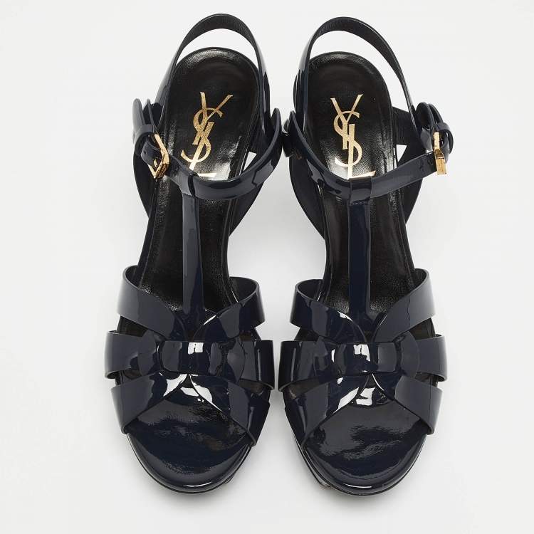 Pre Owned Saint Laurent Navy Blue Patent Leather Tribute Sandals Size 38