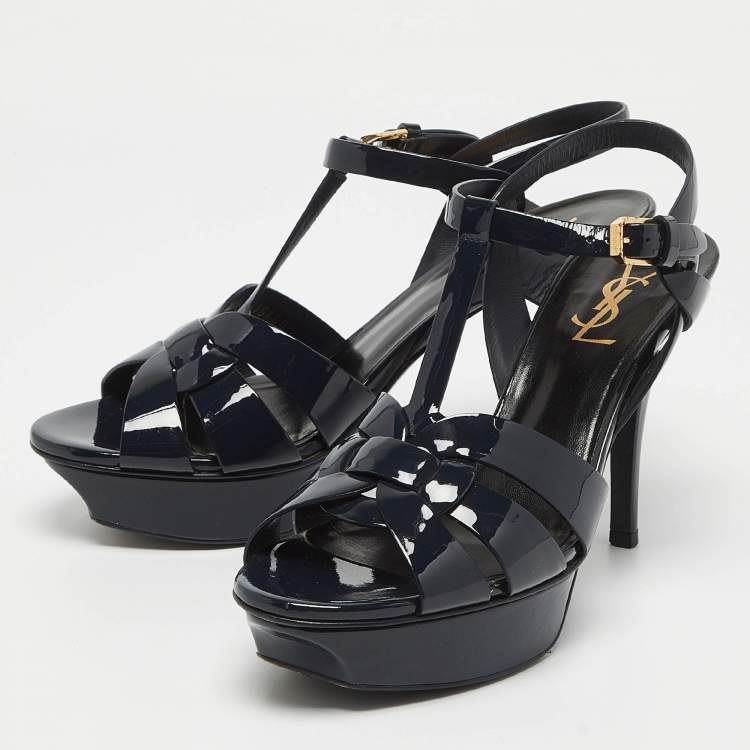 Pre Owned Saint Laurent Navy Blue Patent Leather Tribute Sandals Size 38