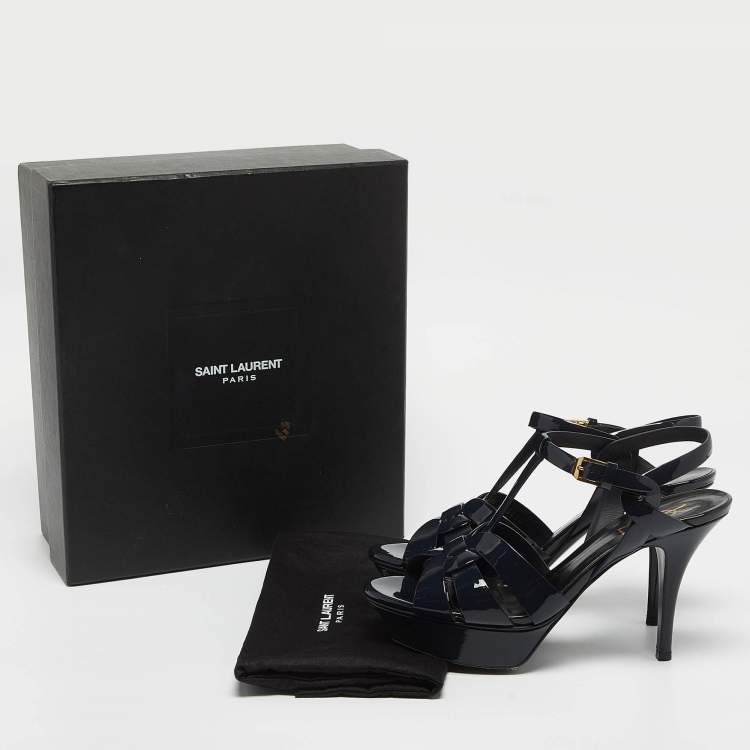 Pre Owned Saint Laurent Navy Blue Patent Leather Tribute Sandals Size 38