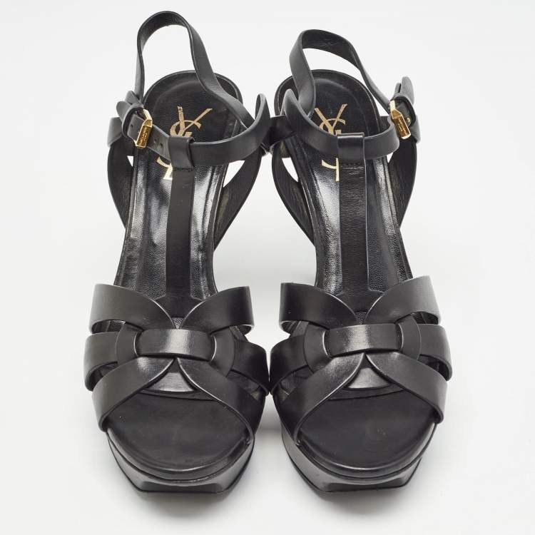 Pre Owned Saint Laurent Black Leather Tribute Sandals Size 38