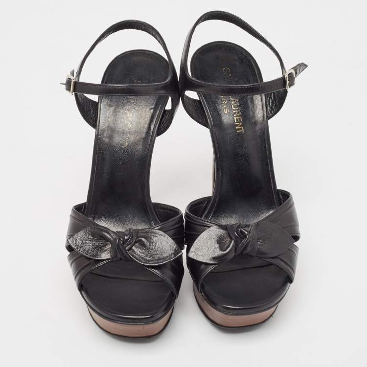 Pre Owned Saint Laurent Black Leather Bow Platform Ankle Strap Sandals Size 37