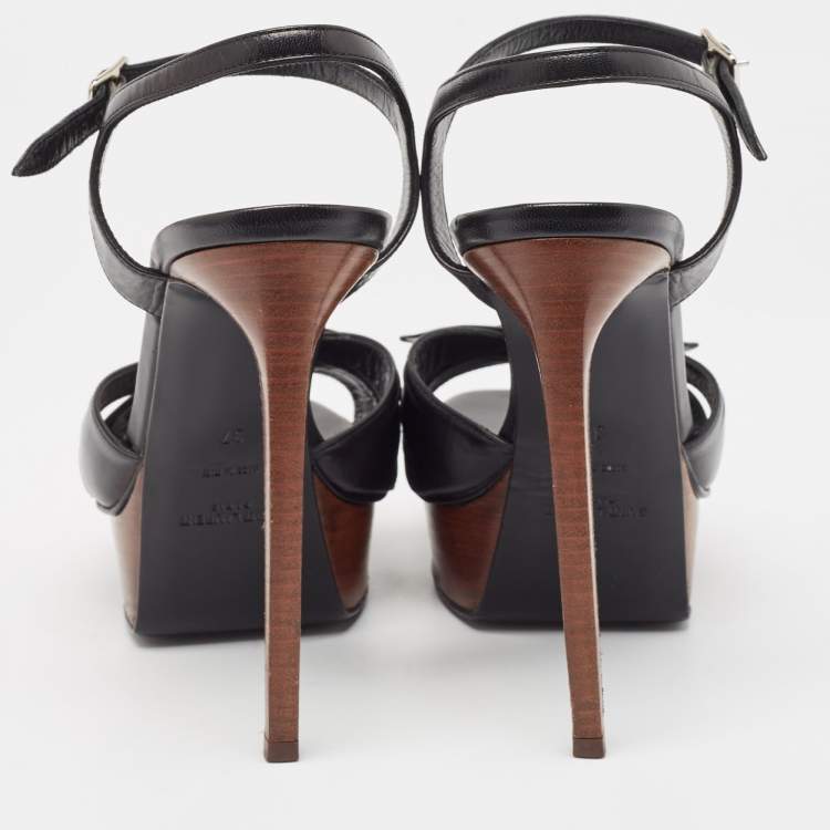 Pre Owned Saint Laurent Black Leather Bow Platform Ankle Strap Sandals Size 37