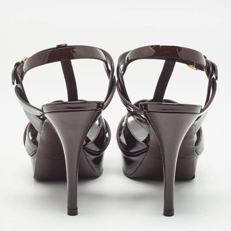 Pre Owned Saint Laurent Dark Brown Patent Leather Tribute Sandals Size 38