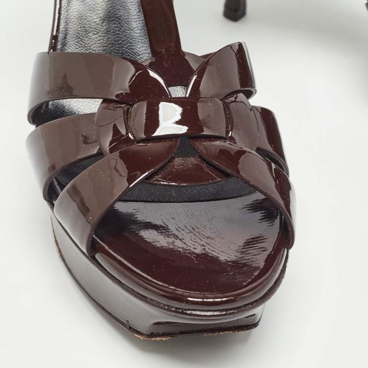 Pre Owned Saint Laurent Dark Brown Patent Leather Tribute Sandals Size 38