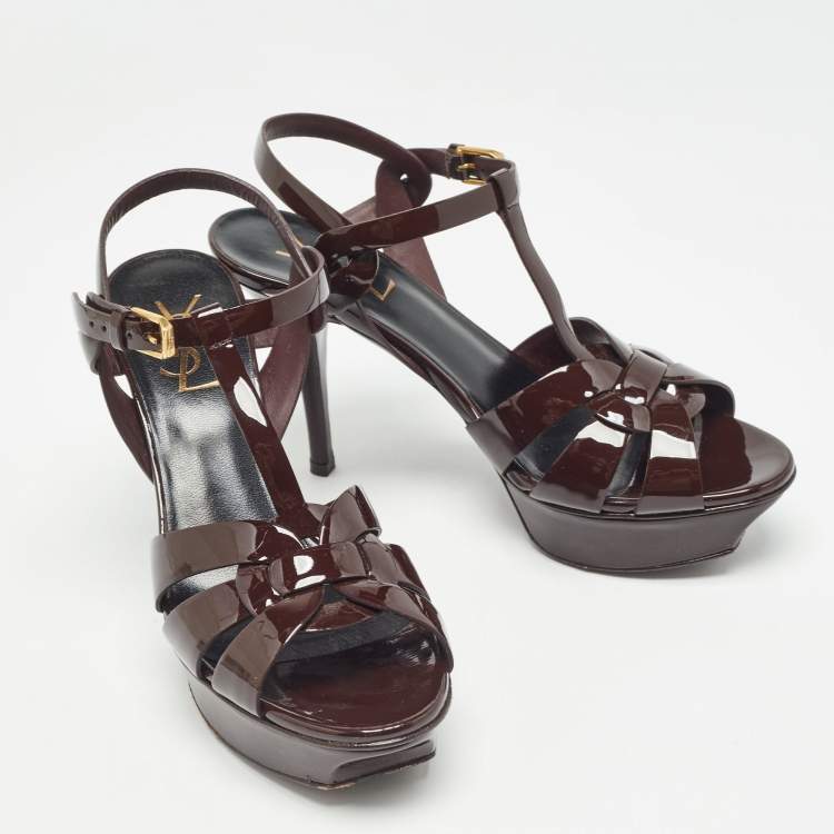 Pre Owned Saint Laurent Dark Brown Patent Leather Tribute Sandals Size 38