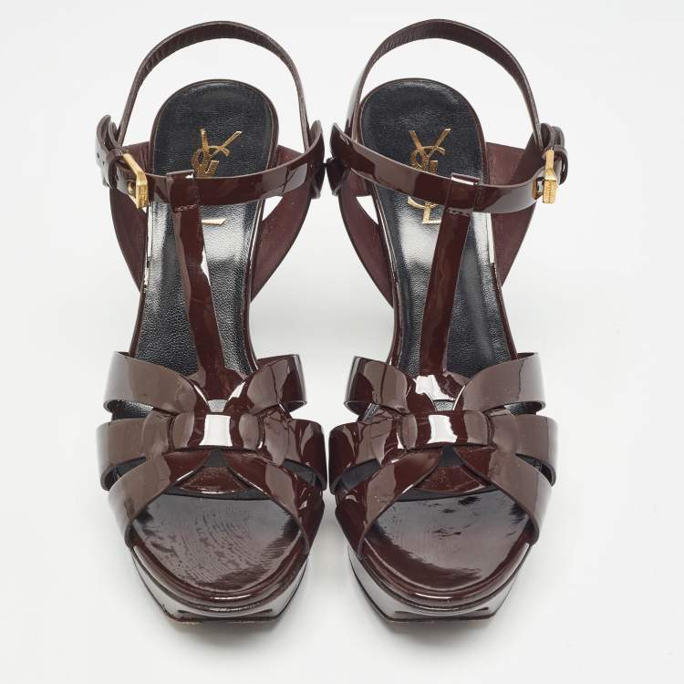 Pre Owned Saint Laurent Dark Brown Patent Leather Tribute Sandals Size 38