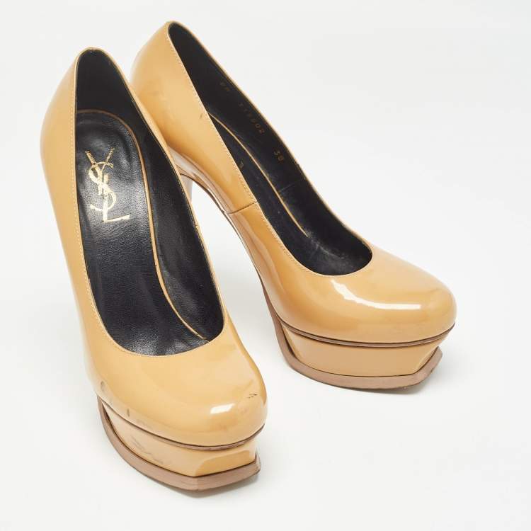 Pre Owned Saint Laurent Beige Patent Leather Tribtoo Platform Pumps Size 38