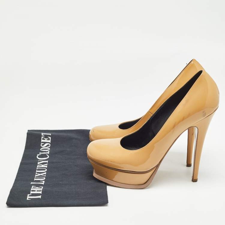 Pre Owned Saint Laurent Beige Patent Leather Tribtoo Platform Pumps Size 38