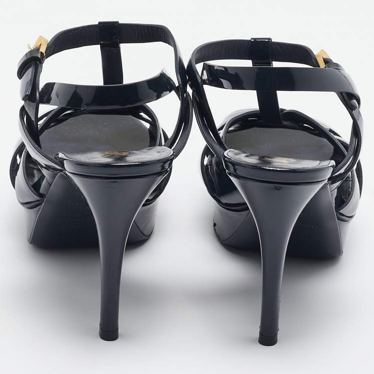 Pre Owned Saint Laurent Navy Blue Patent Leather Tribute Sandals Size 38
