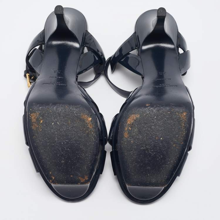 Pre Owned Saint Laurent Navy Blue Patent Leather Tribute Sandals Size 38