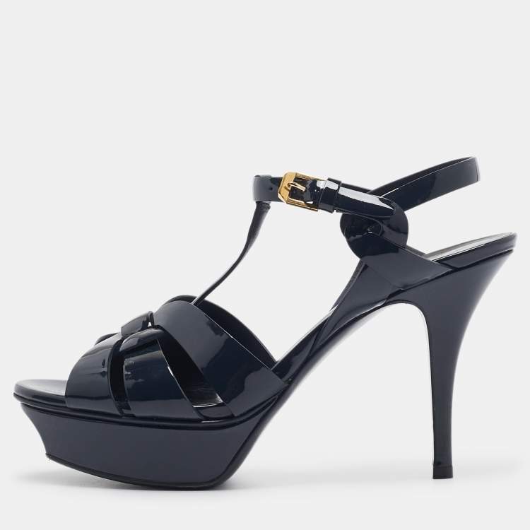 Pre Owned Saint Laurent Navy Blue Patent Leather Tribute Sandals Size 38