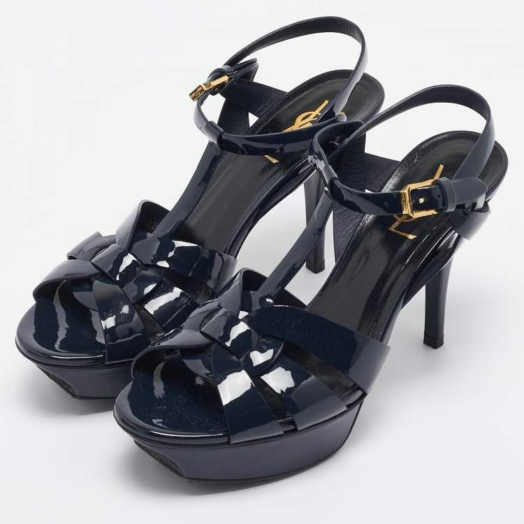 Pre Owned Saint Laurent Navy Blue Patent Leather Tribute Sandals Size 38