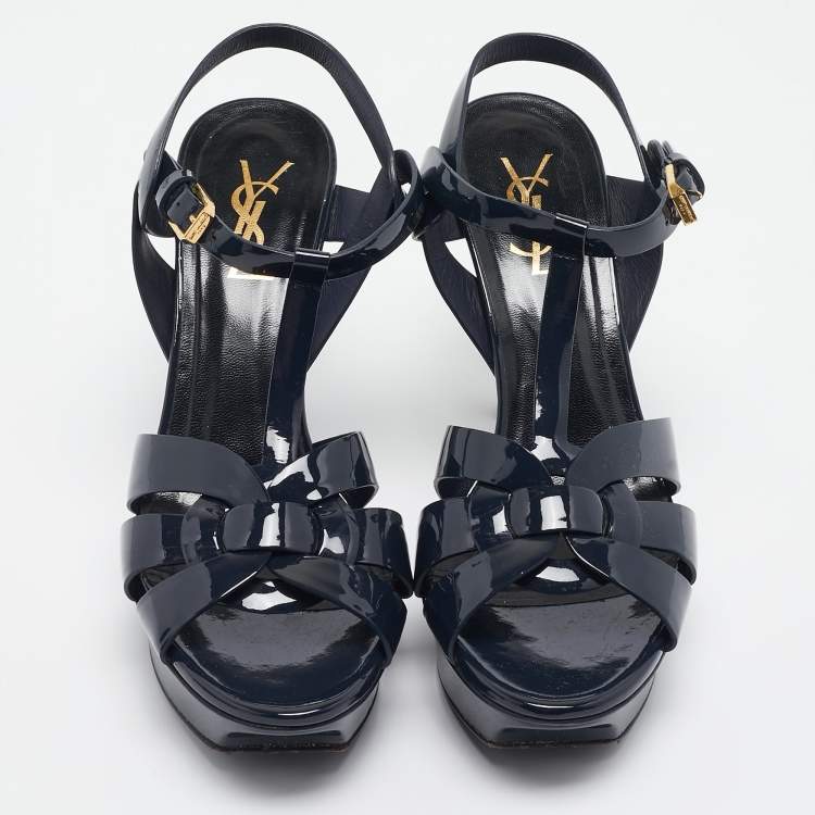 Pre Owned Saint Laurent Navy Blue Patent Leather Tribute Sandals Size 38