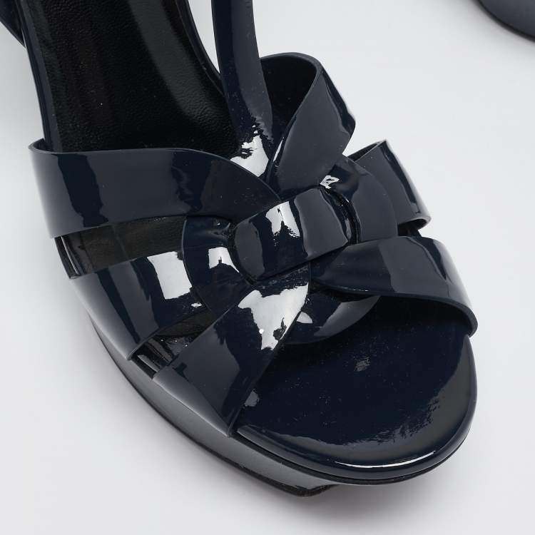 Pre Owned Saint Laurent Navy Blue Patent Leather Tribute Sandals Size 38
