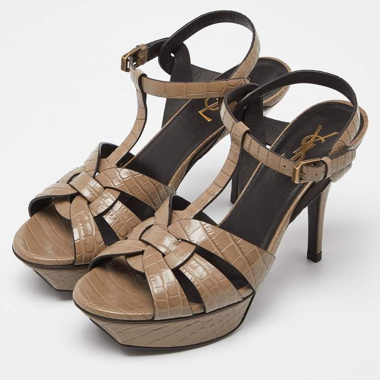 Pre Owned Saint Laurent Brown Croc Embossed Leather Tribute Platform Sandals Size 38.5