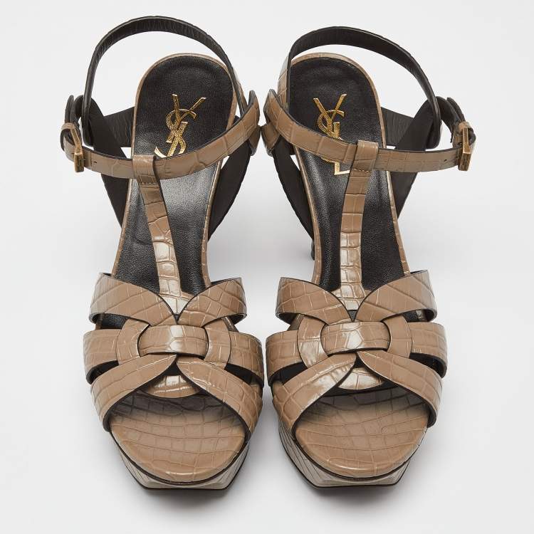 Pre Owned Saint Laurent Brown Croc Embossed Leather Tribute Platform Sandals Size 38.5