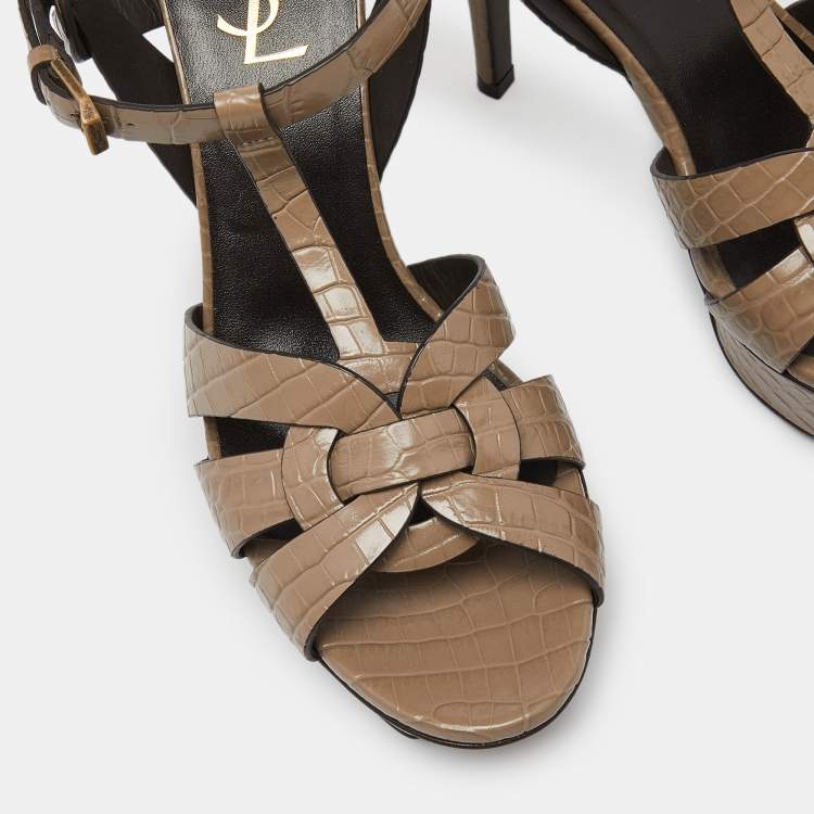 Pre Owned Saint Laurent Brown Croc Embossed Leather Tribute Platform Sandals Size 38.5
