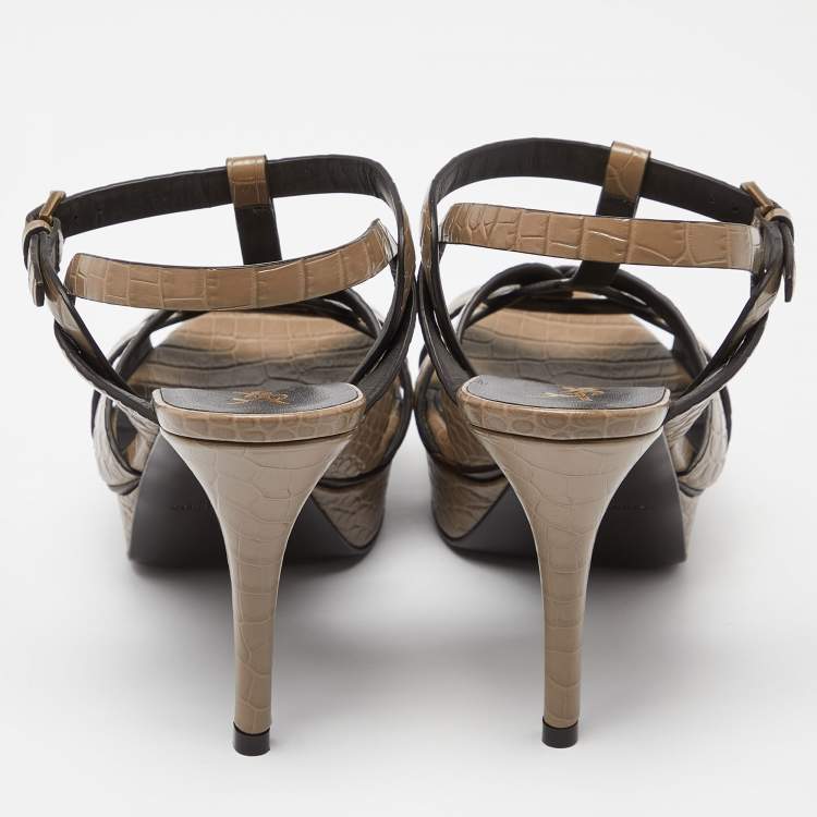 Pre Owned Saint Laurent Brown Croc Embossed Leather Tribute Platform Sandals Size 38.5