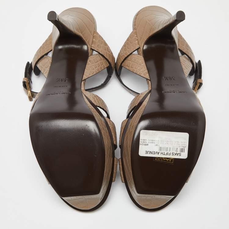 Pre Owned Saint Laurent Brown Croc Embossed Leather Tribute Platform Sandals Size 38.5