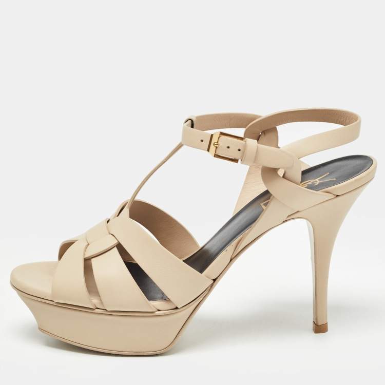 Pre Owned Saint Laurent Beige Leather Tribute Sandals Size 38