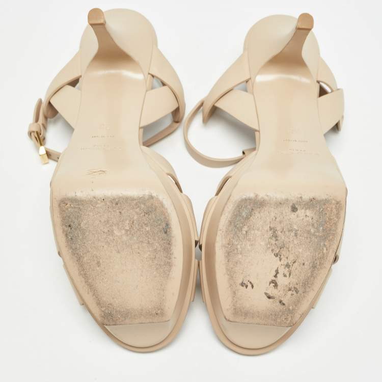 Pre Owned Saint Laurent Beige Leather Tribute Sandals Size 38