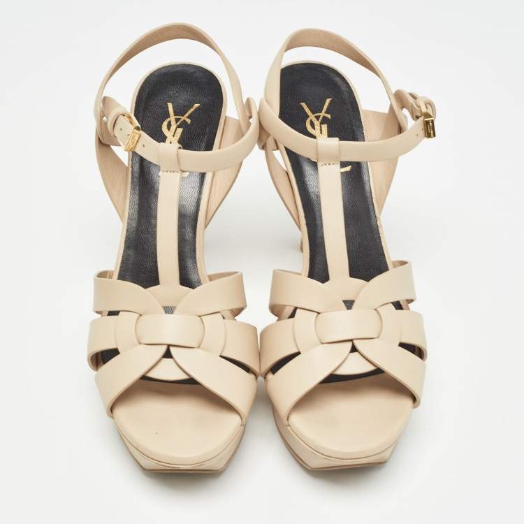 Pre Owned Saint Laurent Beige Leather Tribute Sandals Size 38