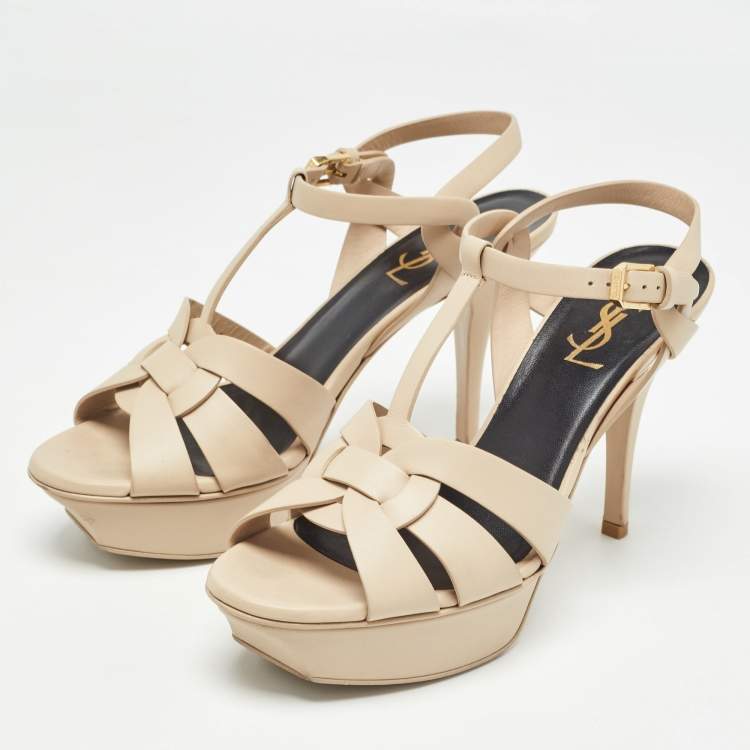 Pre Owned Saint Laurent Beige Leather Tribute Sandals Size 38