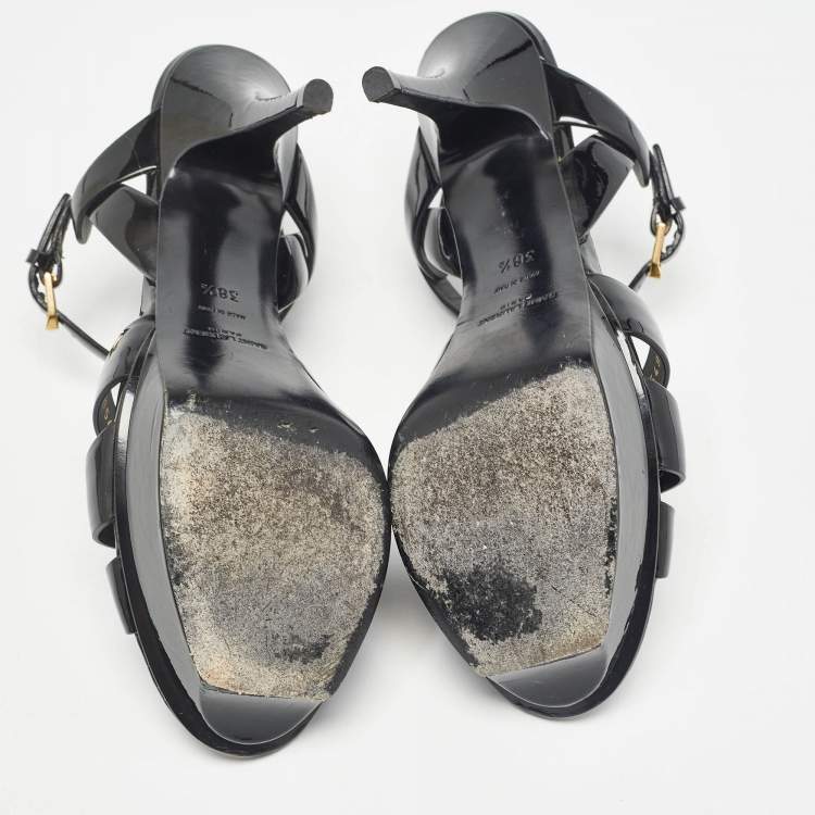 Pre Owned Saint Laurent Black Patent Leather Tribute Sandals Size 38.5