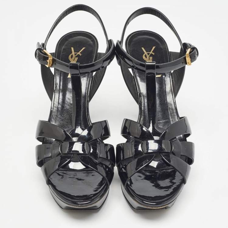 Pre Owned Saint Laurent Black Patent Leather Tribute Sandals Size 38.5