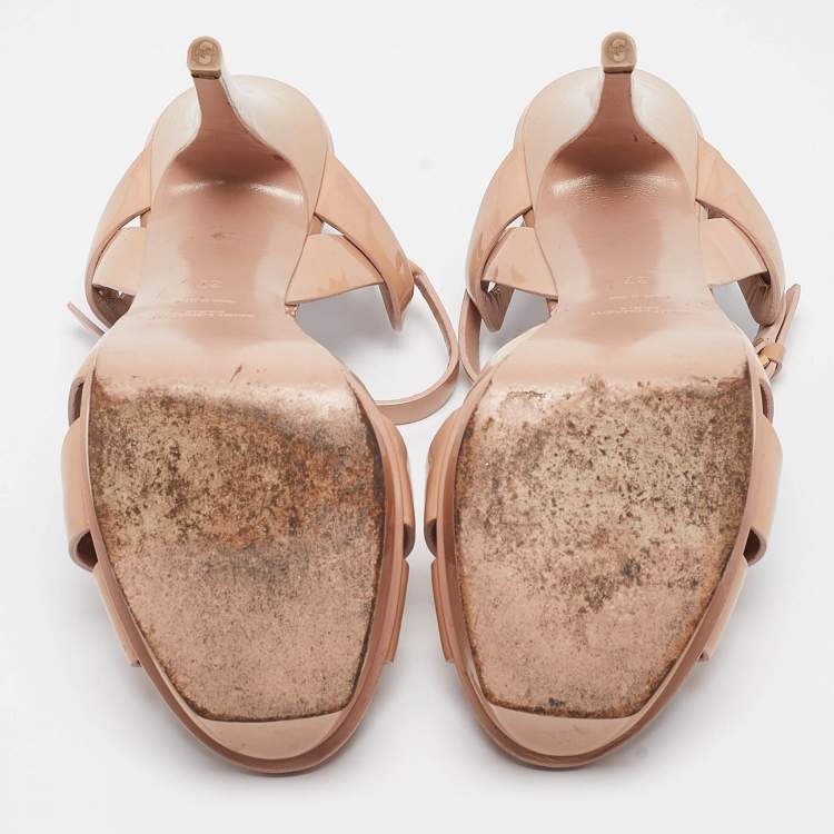 Pre Owned Saint Laurent Paris Beige Patent Leather Tribute Platform Ankle Strap Sandals Size 37