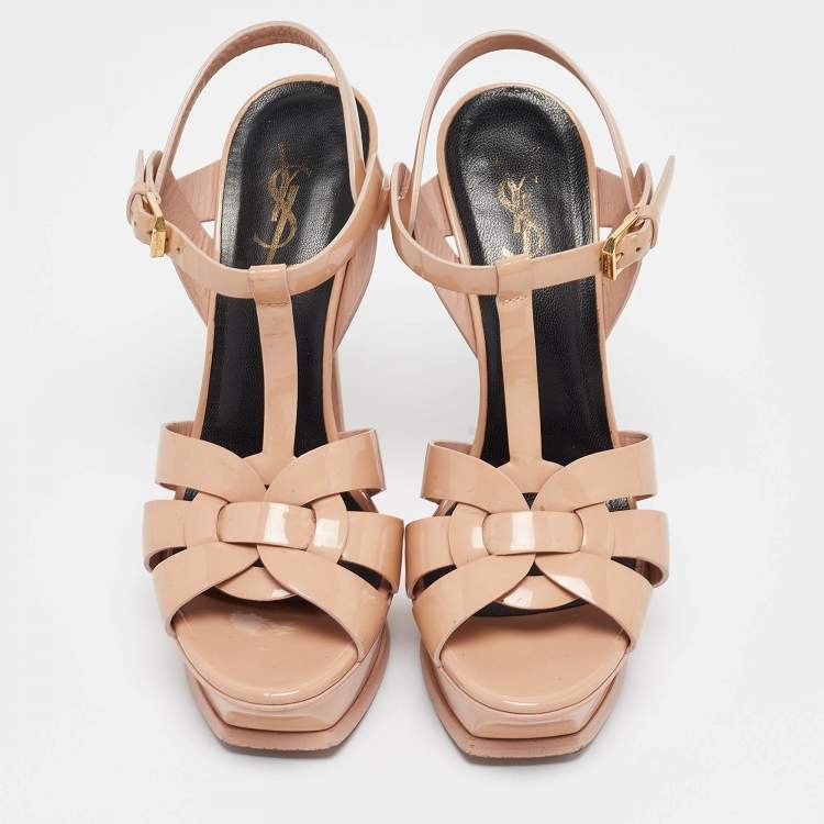 Pre Owned Saint Laurent Paris Beige Patent Leather Tribute Platform Ankle Strap Sandals Size 37