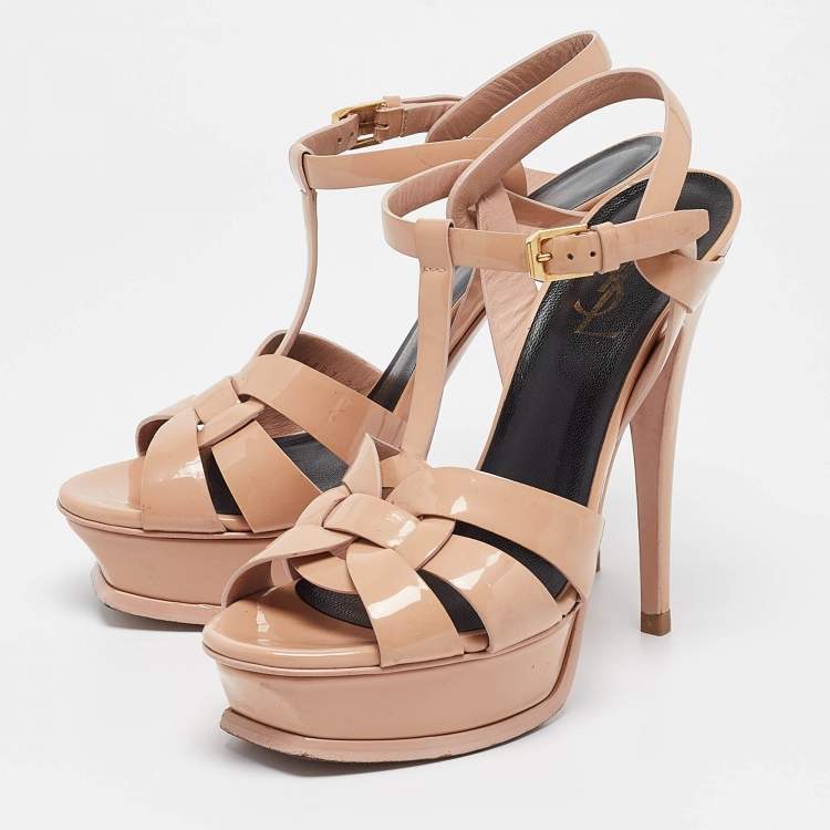 Pre Owned Saint Laurent Paris Beige Patent Leather Tribute Platform Ankle Strap Sandals Size 37