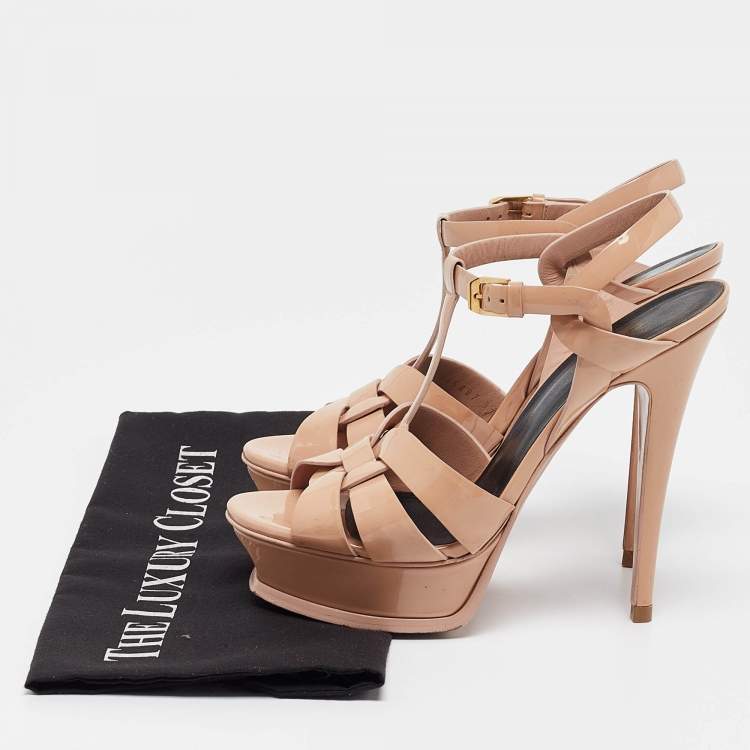 Pre Owned Saint Laurent Paris Beige Patent Leather Tribute Platform Ankle Strap Sandals Size 37