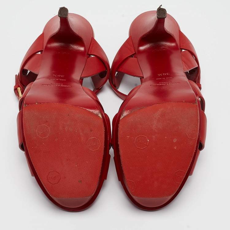 Pre Owned Saint Laurent Red Leather Tribute Ankle Strap Sandals Size 36.5
