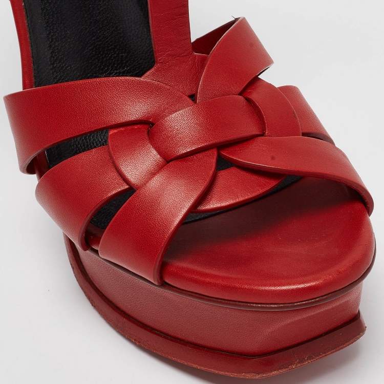 Pre Owned Saint Laurent Red Leather Tribute Ankle Strap Sandals Size 36.5