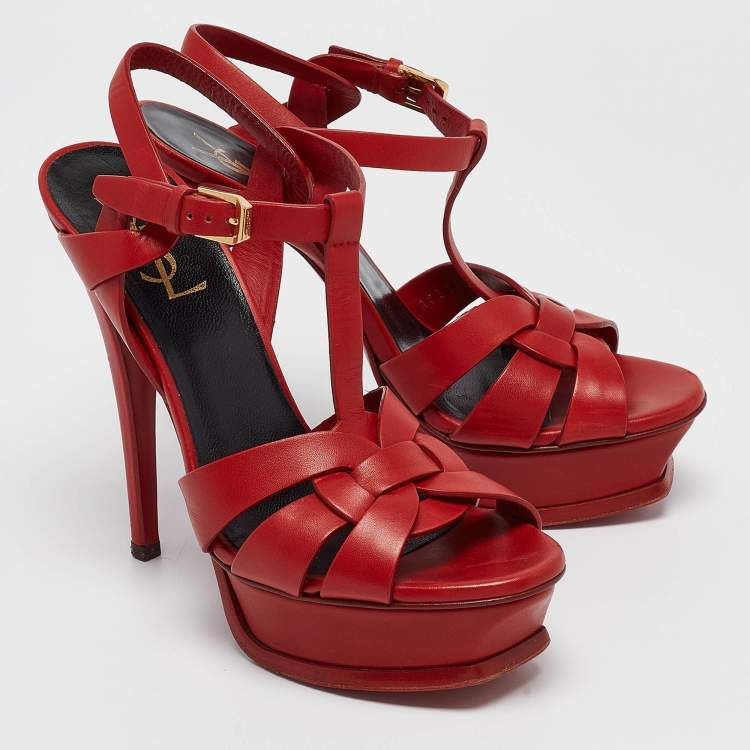 Pre Owned Saint Laurent Red Leather Tribute Ankle Strap Sandals Size 36.5