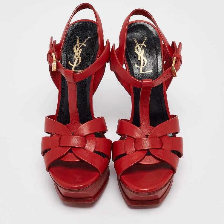 Pre Owned Saint Laurent Red Leather Tribute Ankle Strap Sandals Size 36.5