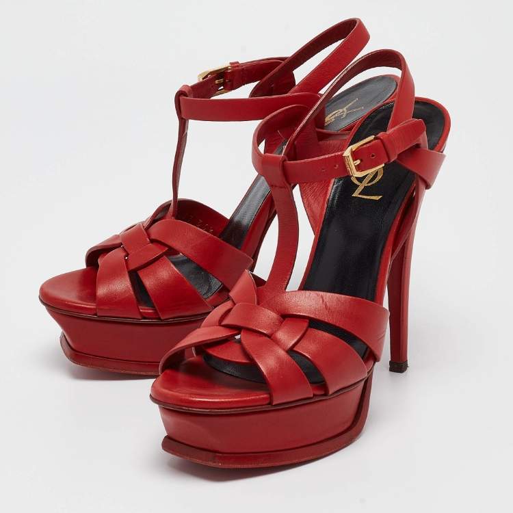 Pre Owned Saint Laurent Red Leather Tribute Ankle Strap Sandals Size 36.5