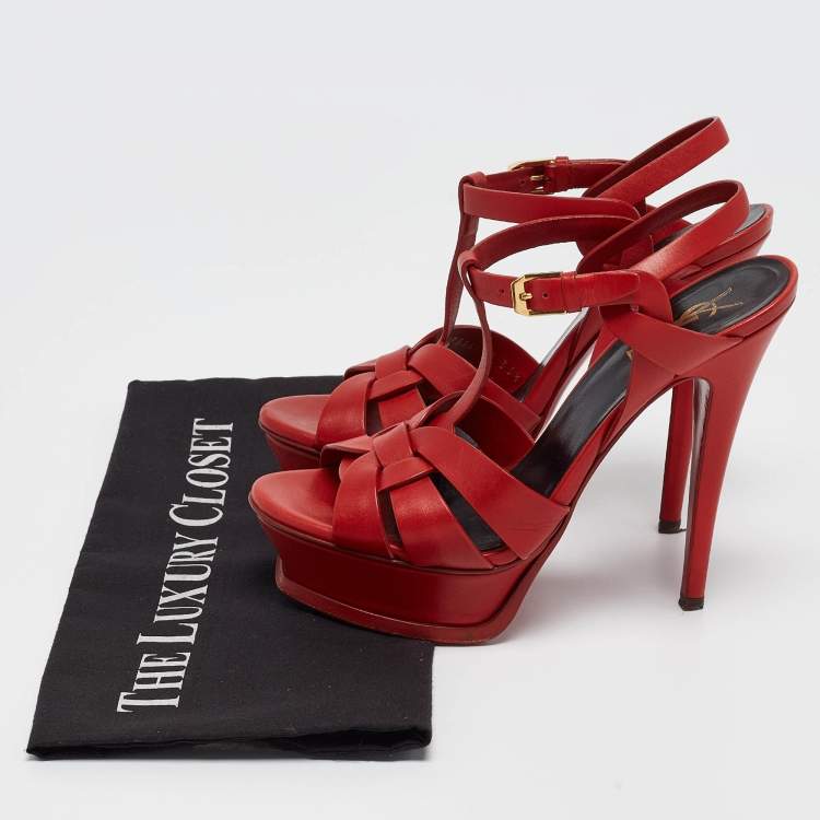 Pre Owned Saint Laurent Red Leather Tribute Ankle Strap Sandals Size 36.5